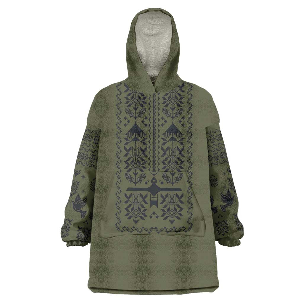 Ukraine Military Vyshyvanka Pattern Wearable Blanket Hoodie Ukrainian Heritage Green Tactical Style - Wonder Print Shop