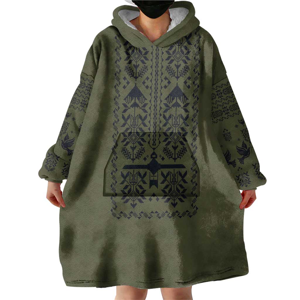Ukraine Military Vyshyvanka Pattern Wearable Blanket Hoodie Ukrainian Heritage Green Tactical Style - Wonder Print Shop