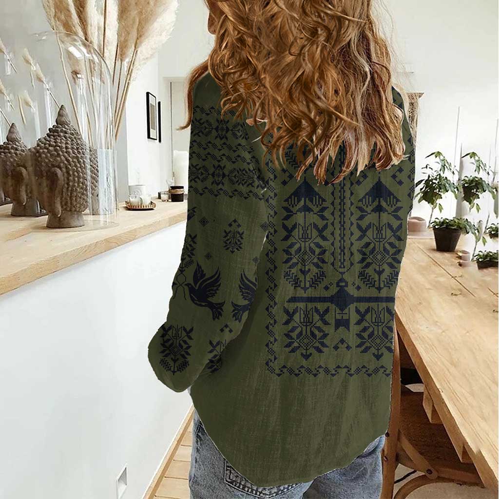 Ukraine Military Vyshyvanka Pattern Women Casual Shirt Ukrainian Heritage Green Tactical Style - Wonder Print Shop