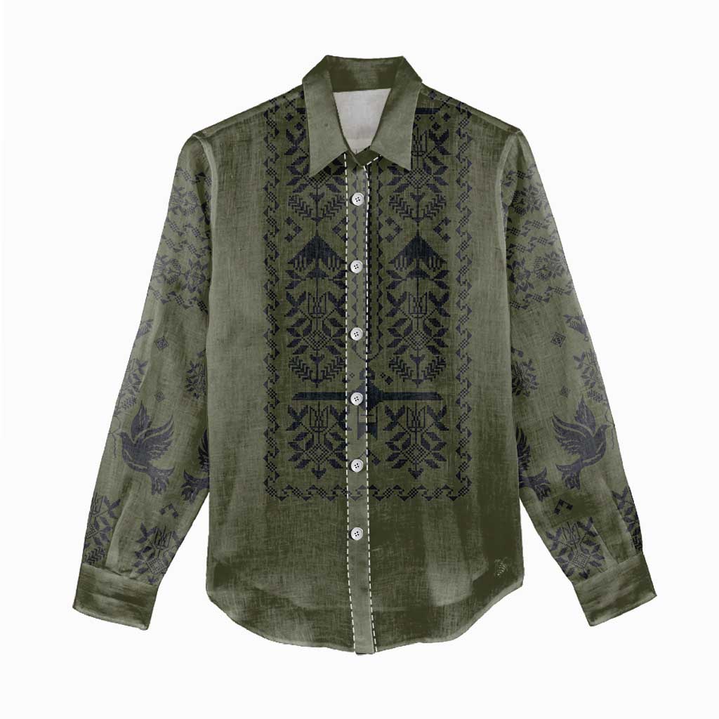 Ukraine Military Vyshyvanka Pattern Women Casual Shirt Ukrainian Heritage Green Tactical Style - Wonder Print Shop