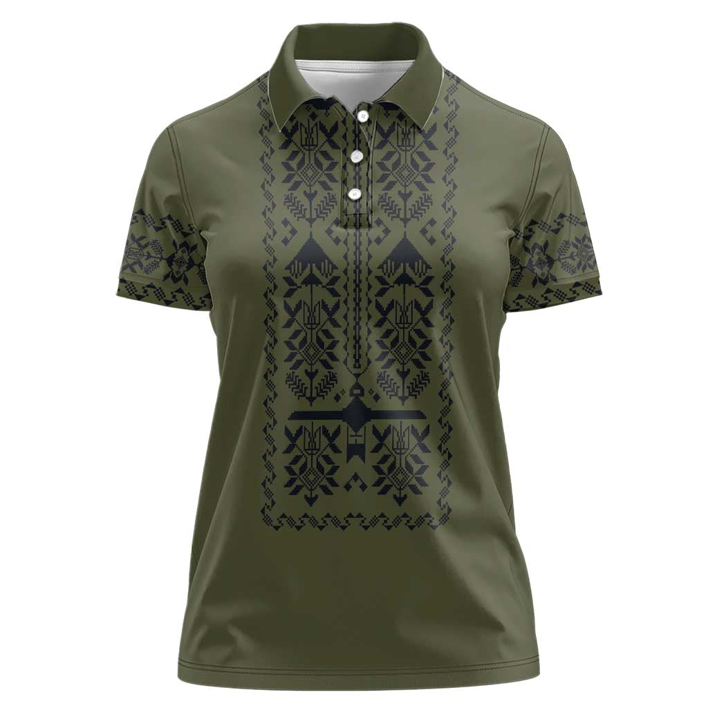 Ukraine Military Vyshyvanka Pattern Women Polo Shirt Ukrainian Heritage Green Tactical Style - Wonder Print Shop