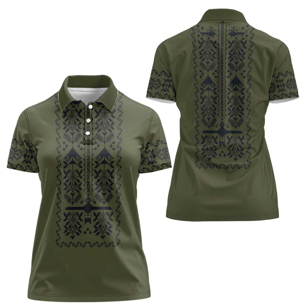Ukraine Military Vyshyvanka Pattern Women Polo Shirt Ukrainian Heritage Green Tactical Style - Wonder Print Shop