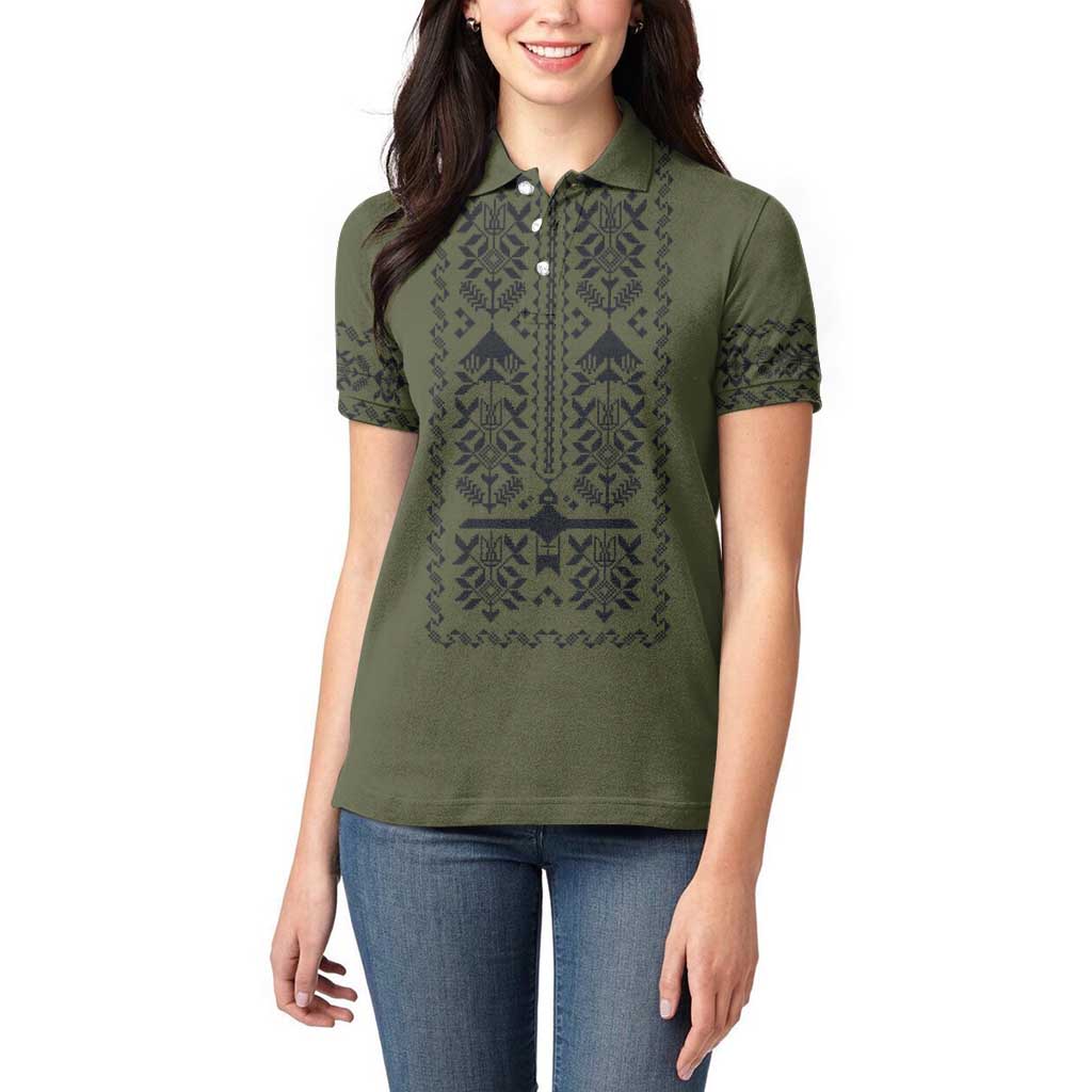 Ukraine Military Vyshyvanka Pattern Women Polo Shirt Ukrainian Heritage Green Tactical Style - Wonder Print Shop