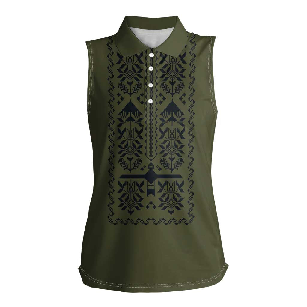 Ukraine Military Vyshyvanka Pattern Women Sleeveless Polo Shirt Ukrainian Heritage Green Tactical Style - Wonder Print Shop