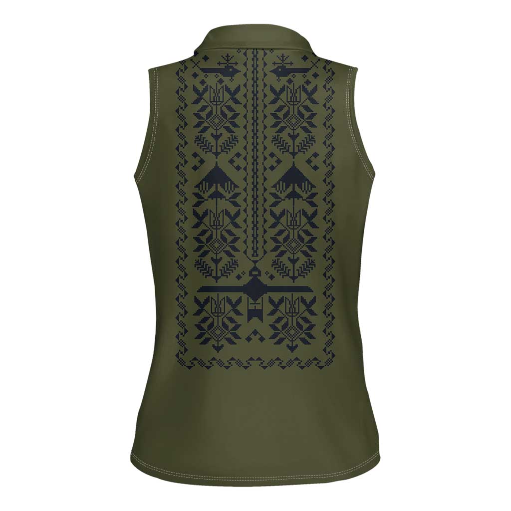 Ukraine Military Vyshyvanka Pattern Women Sleeveless Polo Shirt Ukrainian Heritage Green Tactical Style - Wonder Print Shop