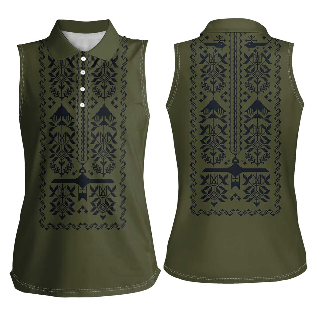 Ukraine Military Vyshyvanka Pattern Women Sleeveless Polo Shirt Ukrainian Heritage Green Tactical Style - Wonder Print Shop