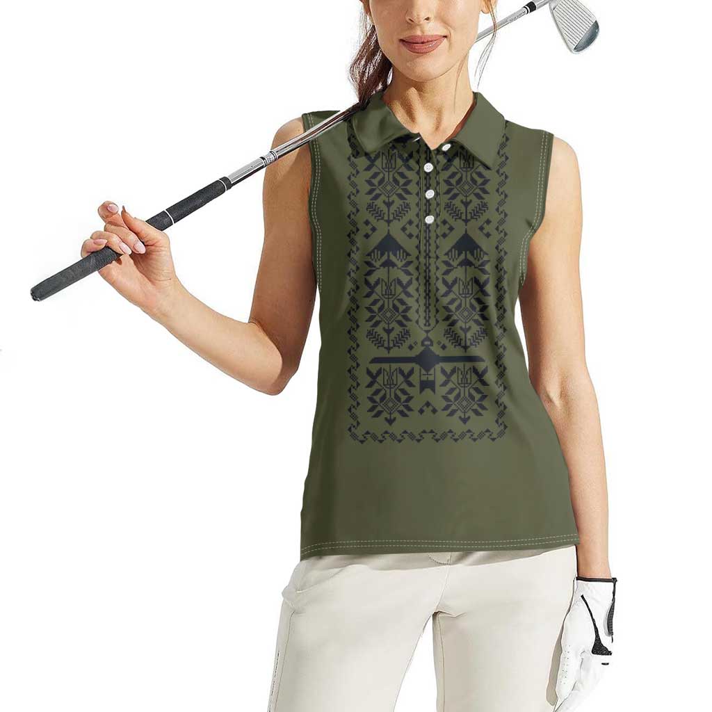 Ukraine Military Vyshyvanka Pattern Women Sleeveless Polo Shirt Ukrainian Heritage Green Tactical Style - Wonder Print Shop