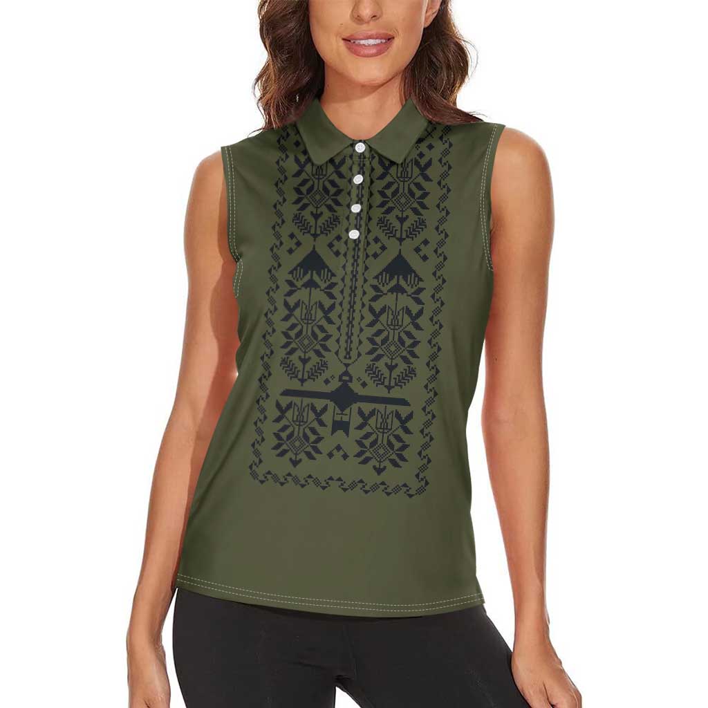 Ukraine Military Vyshyvanka Pattern Women Sleeveless Polo Shirt Ukrainian Heritage Green Tactical Style - Wonder Print Shop
