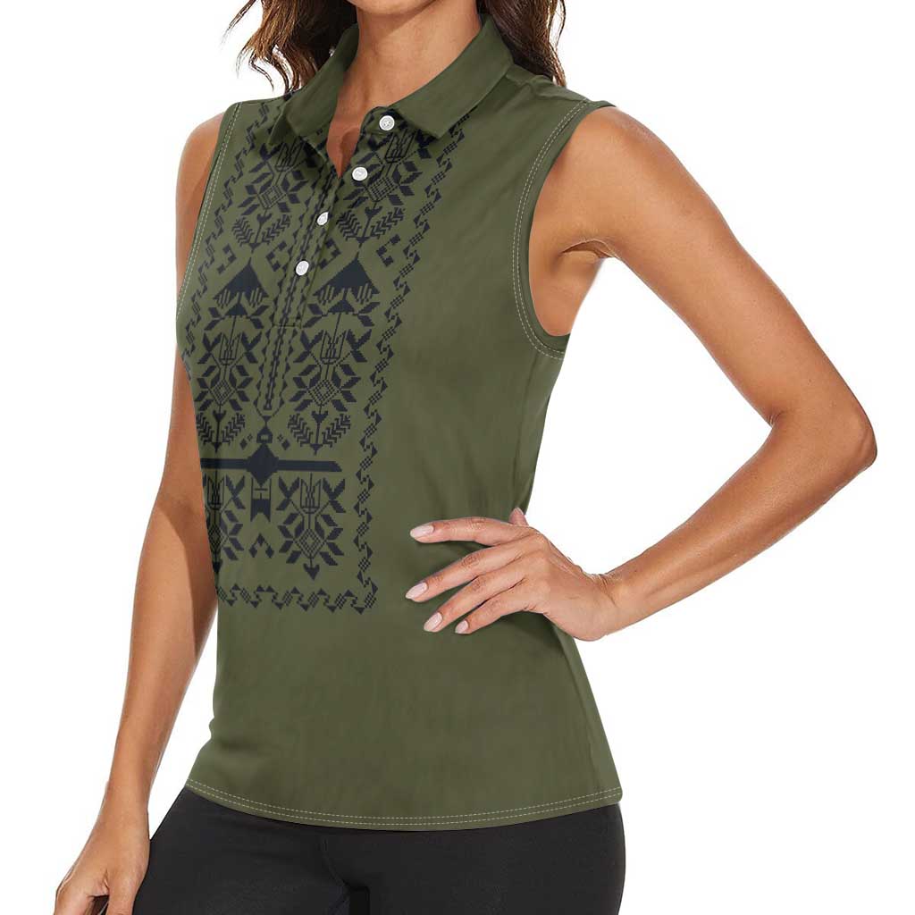 Ukraine Military Vyshyvanka Pattern Women Sleeveless Polo Shirt Ukrainian Heritage Green Tactical Style - Wonder Print Shop