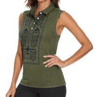 Ukraine Military Vyshyvanka Pattern Women Sleeveless Polo Shirt Ukrainian Heritage Green Tactical Style - Wonder Print Shop