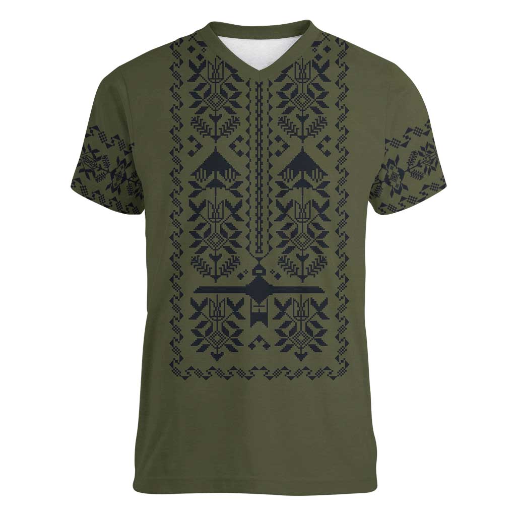 Ukraine Military Vyshyvanka Pattern Women V-Neck T-Shirt Ukrainian Heritage Green Tactical Style - Wonder Print Shop