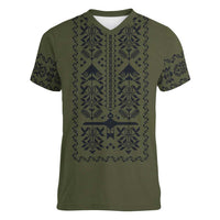 Ukraine Military Vyshyvanka Pattern Women V-Neck T-Shirt Ukrainian Heritage Green Tactical Style - Wonder Print Shop