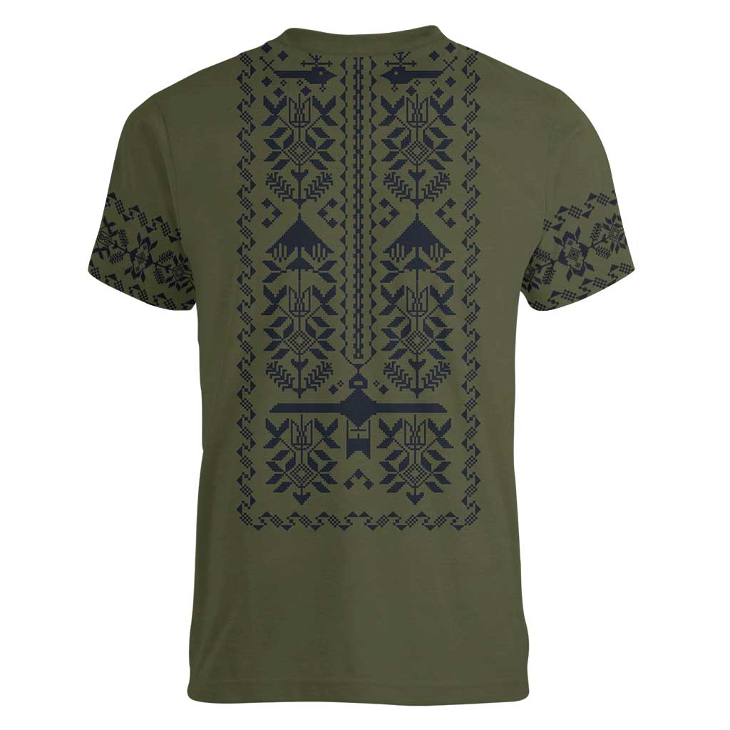 Ukraine Military Vyshyvanka Pattern Women V-Neck T-Shirt Ukrainian Heritage Green Tactical Style - Wonder Print Shop
