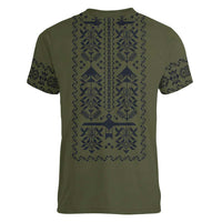 Ukraine Military Vyshyvanka Pattern Women V-Neck T-Shirt Ukrainian Heritage Green Tactical Style - Wonder Print Shop