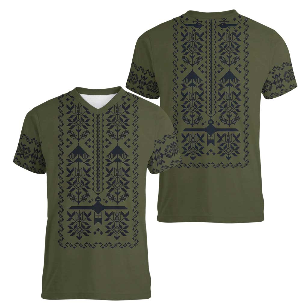 Ukraine Military Vyshyvanka Pattern Women V-Neck T-Shirt Ukrainian Heritage Green Tactical Style - Wonder Print Shop
