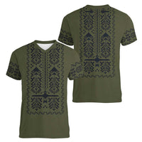 Ukraine Military Vyshyvanka Pattern Women V-Neck T-Shirt Ukrainian Heritage Green Tactical Style - Wonder Print Shop