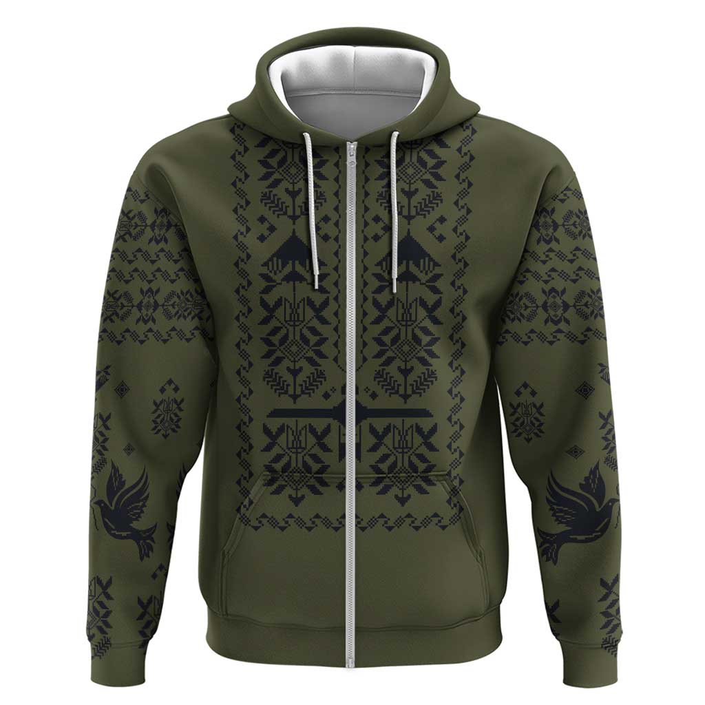 Ukraine Military Vyshyvanka Pattern Zip Hoodie Ukrainian Heritage Green Tactical Style - Wonder Print Shop