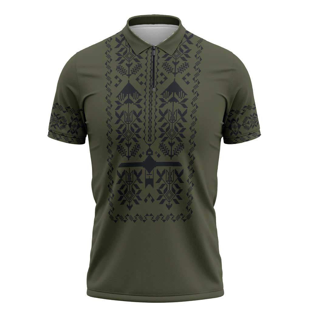 Ukraine Military Vyshyvanka Pattern Zipper Polo Shirt Ukrainian Heritage Green Tactical Style - Wonder Print Shop