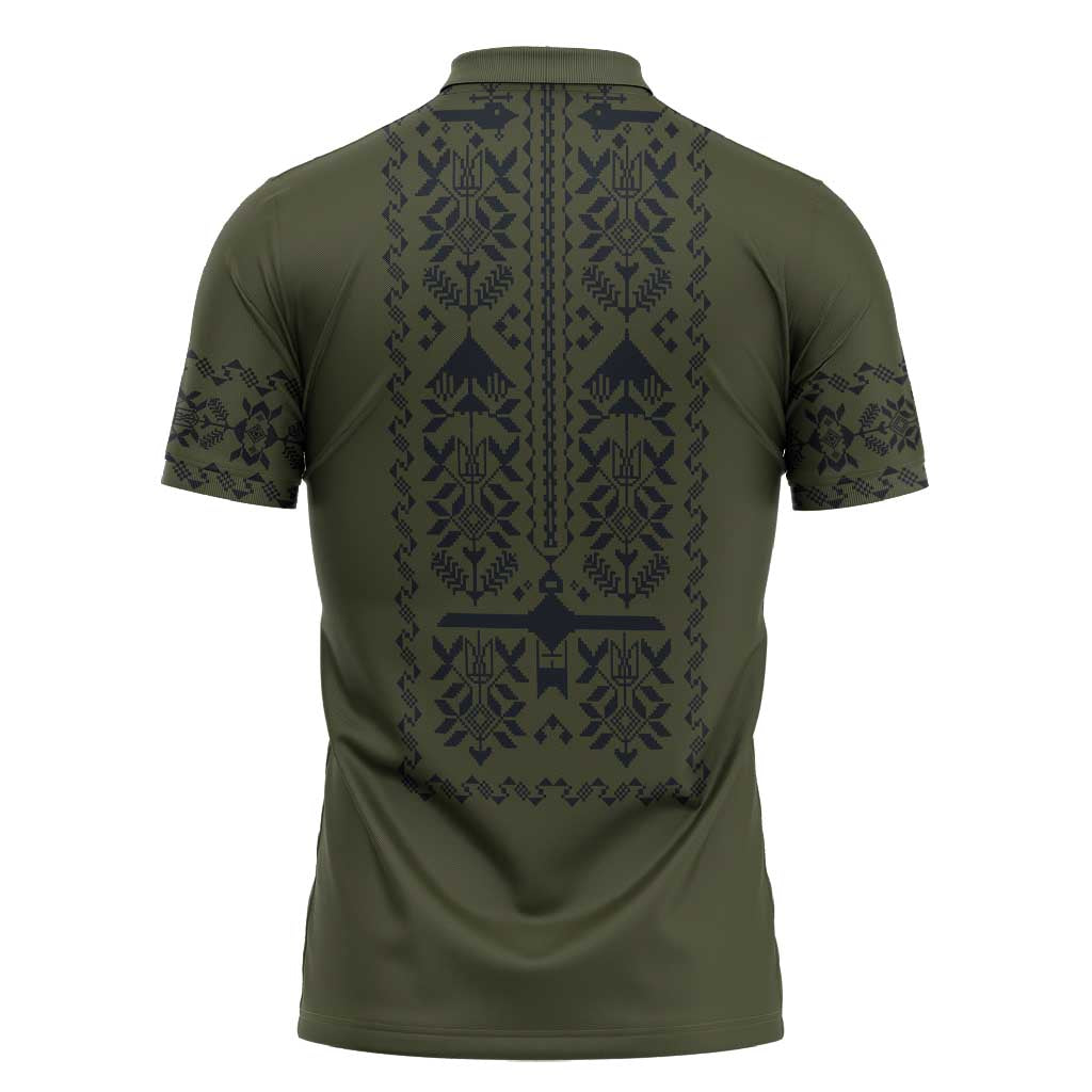 Ukraine Military Vyshyvanka Pattern Zipper Polo Shirt Ukrainian Heritage Green Tactical Style - Wonder Print Shop
