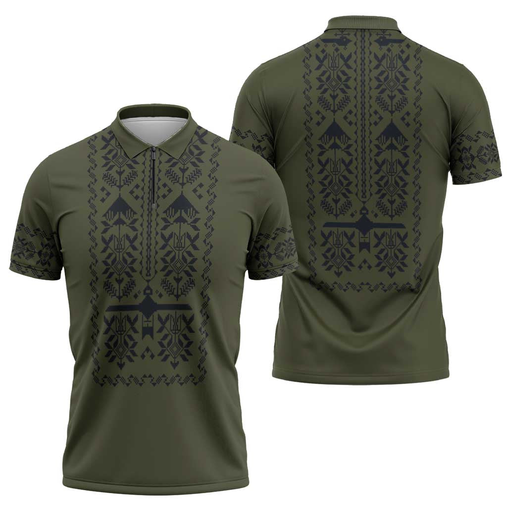 Ukraine Military Vyshyvanka Pattern Zipper Polo Shirt Ukrainian Heritage Green Tactical Style - Wonder Print Shop