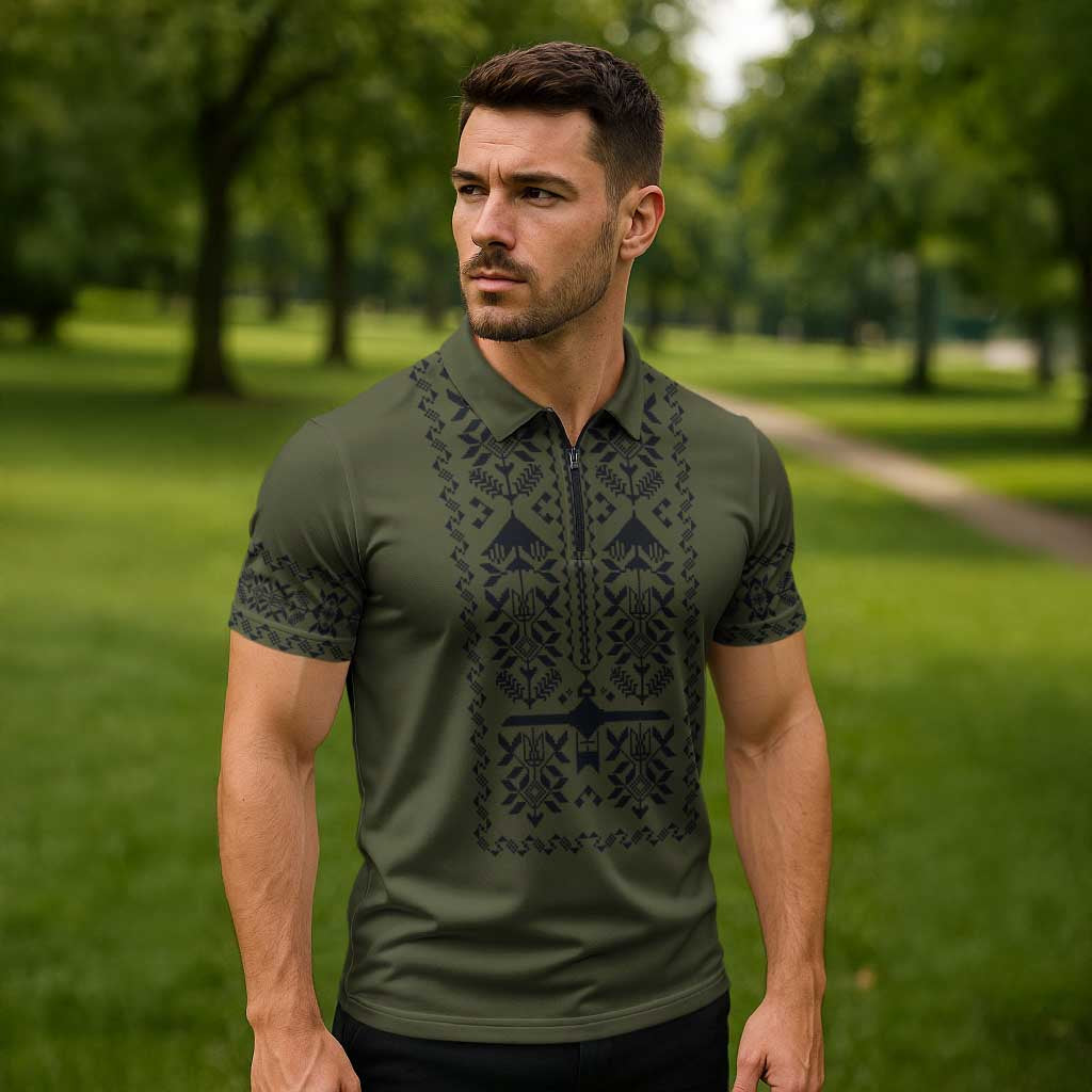 Ukraine Military Vyshyvanka Pattern Zipper Polo Shirt Ukrainian Heritage Green Tactical Style - Wonder Print Shop