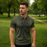 Ukraine Military Vyshyvanka Pattern Zipper Polo Shirt Ukrainian Heritage Green Tactical Style - Wonder Print Shop