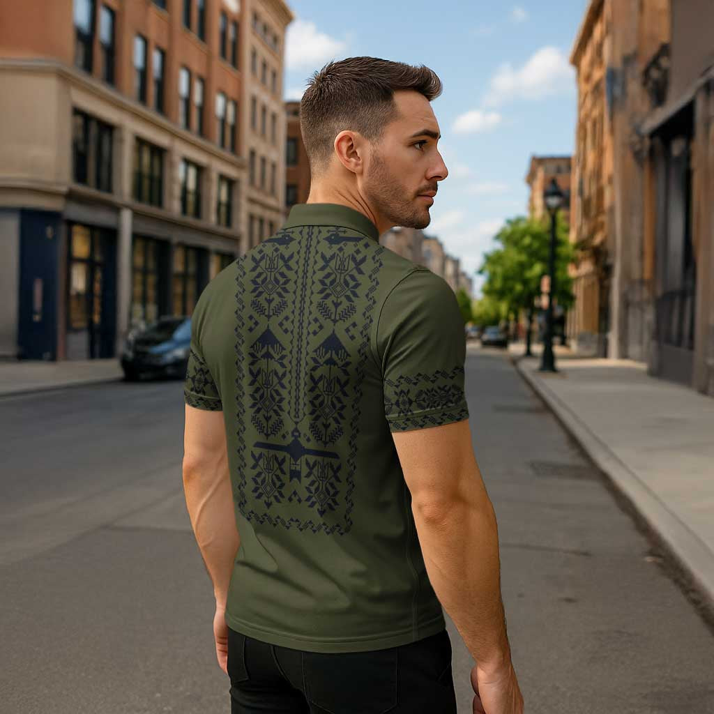 Ukraine Military Vyshyvanka Pattern Zipper Polo Shirt Ukrainian Heritage Green Tactical Style - Wonder Print Shop