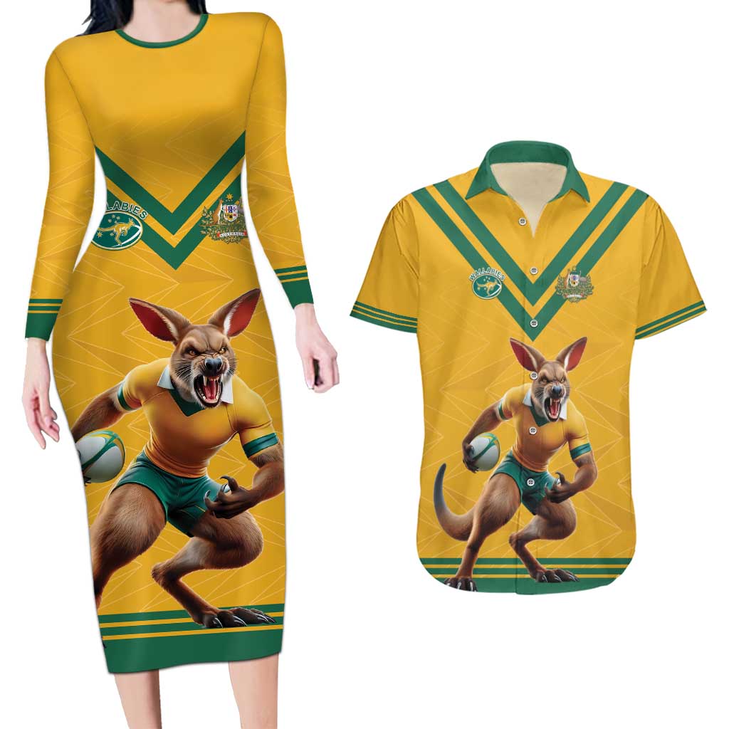 Custom Australia Rugby Couples Matching Long Sleeve Bodycon Dress and Hawaiian Shirt Wallabies Mascot Sporty Style - Wonder Print Shop
