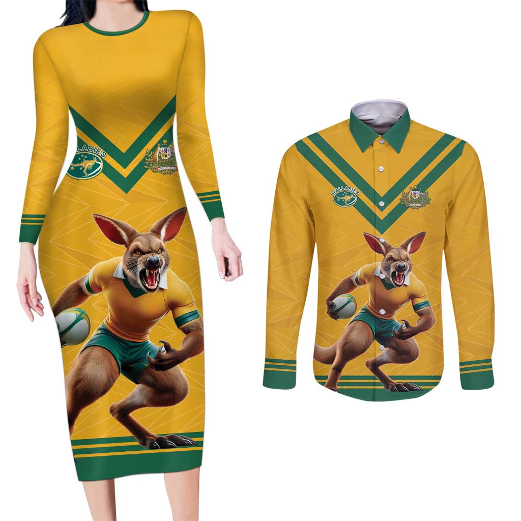 Custom Australia Rugby Couples Matching Long Sleeve Bodycon Dress and Long Sleeve Button Shirt Wallabies Mascot Sporty Style - Wonder Print Shop