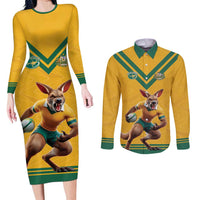 Custom Australia Rugby Couples Matching Long Sleeve Bodycon Dress and Long Sleeve Button Shirt Wallabies Mascot Sporty Style - Wonder Print Shop