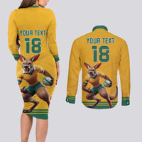Custom Australia Rugby Couples Matching Long Sleeve Bodycon Dress and Long Sleeve Button Shirt Wallabies Mascot Sporty Style - Wonder Print Shop