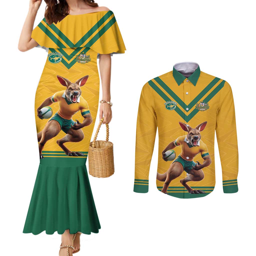 Custom Australia Rugby Couples Matching Mermaid Dress and Long Sleeve Button Shirt Wallabies Mascot Sporty Style - Wonder Print Shop