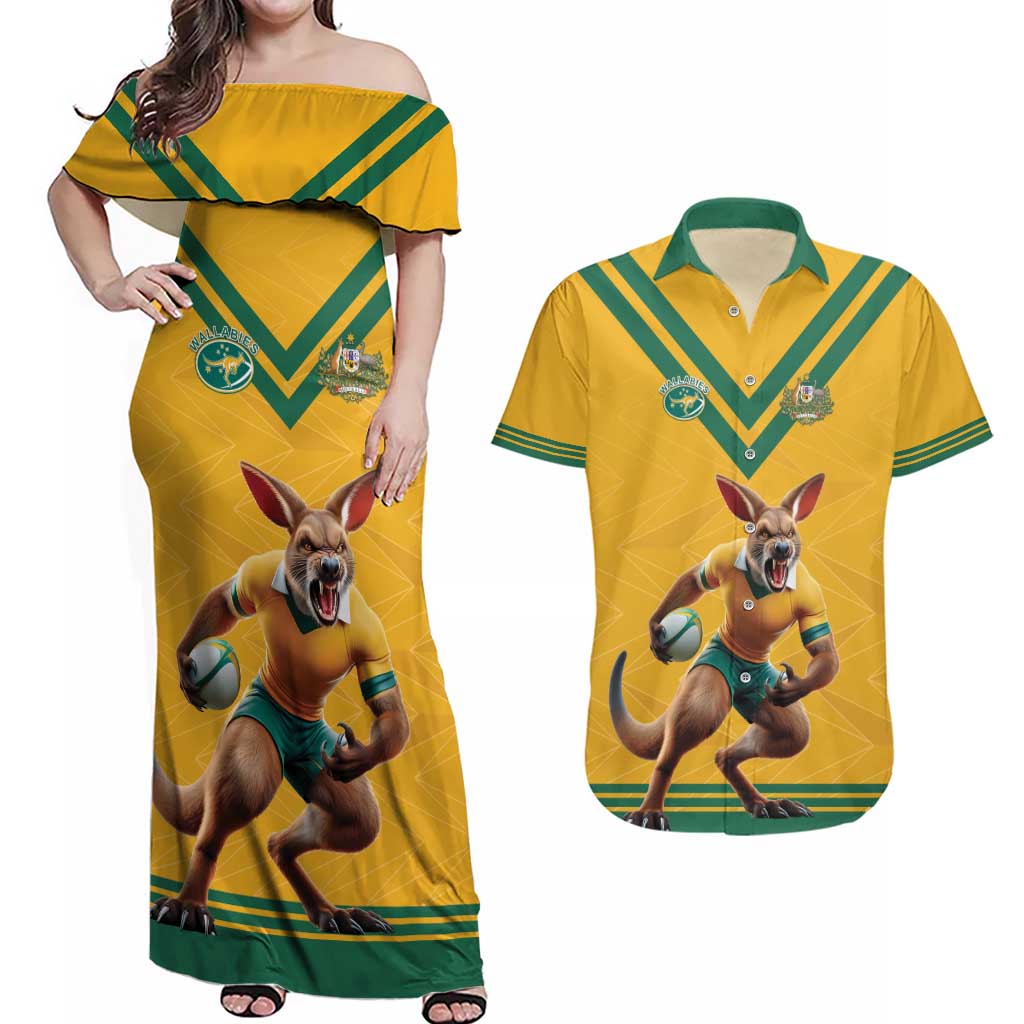 Custom Australia Rugby Couples Matching Off Shoulder Maxi Dress and Hawaiian Shirt Wallabies Mascot Sporty Style - Wonder Print Shop