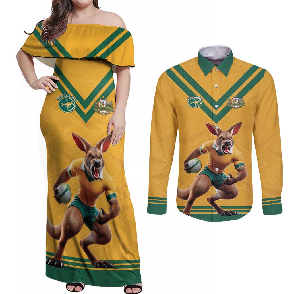 Custom Australia Rugby Couples Matching Off Shoulder Maxi Dress and Long Sleeve Button Shirt Wallabies Mascot Sporty Style - Wonder Print Shop