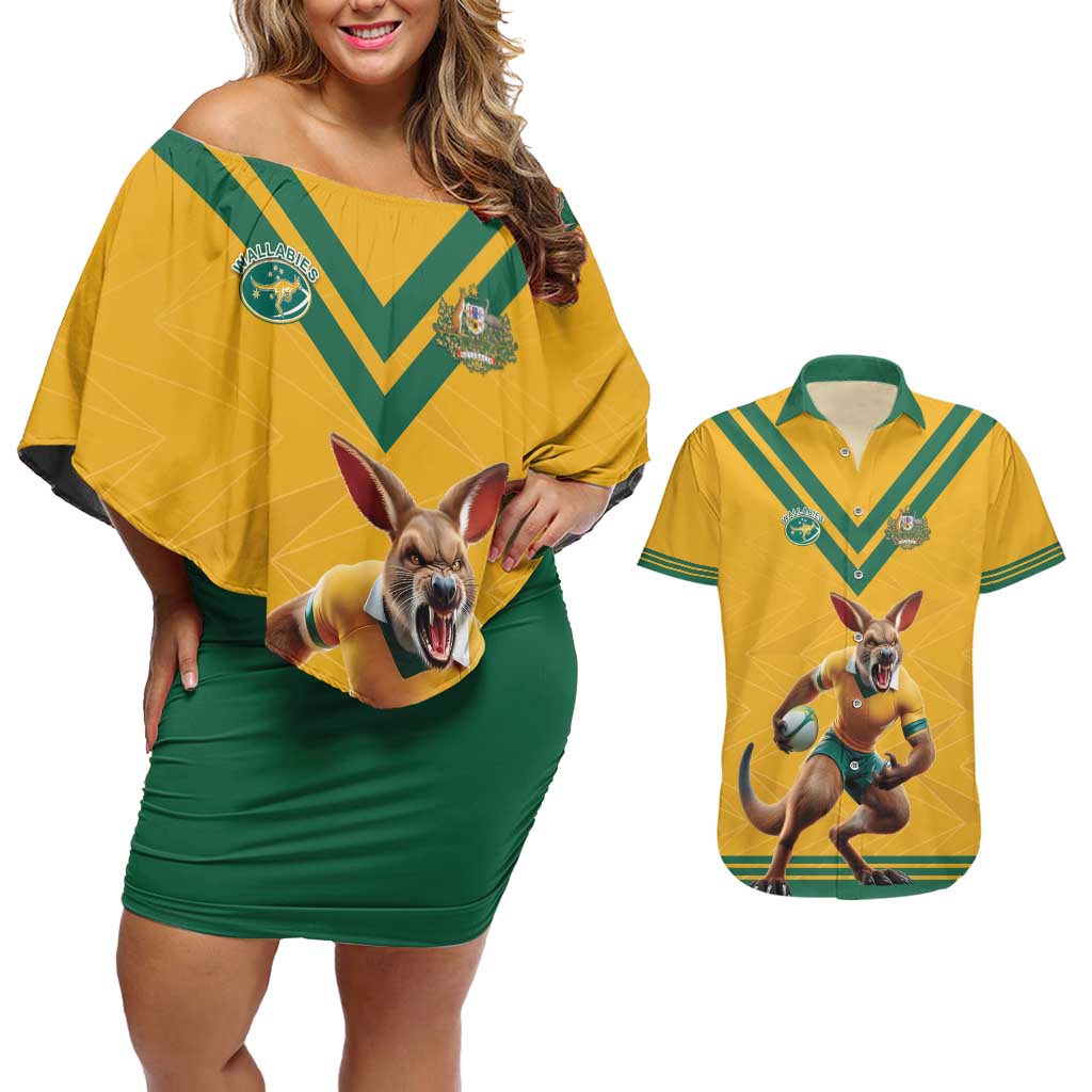 Custom Australia Rugby Couples Matching Off Shoulder Short Dress and Hawaiian Shirt Wallabies Mascot Sporty Style - Wonder Print Shop