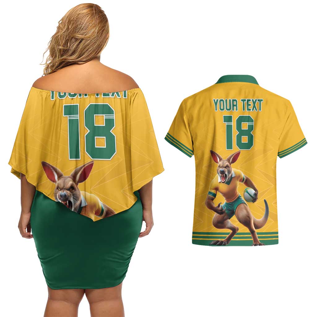Custom Australia Rugby Couples Matching Off Shoulder Short Dress and Hawaiian Shirt Wallabies Mascot Sporty Style - Wonder Print Shop