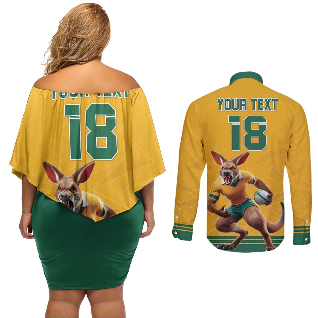 Custom Australia Rugby Couples Matching Off Shoulder Short Dress and Long Sleeve Button Shirt Wallabies Mascot Sporty Style - Wonder Print Shop