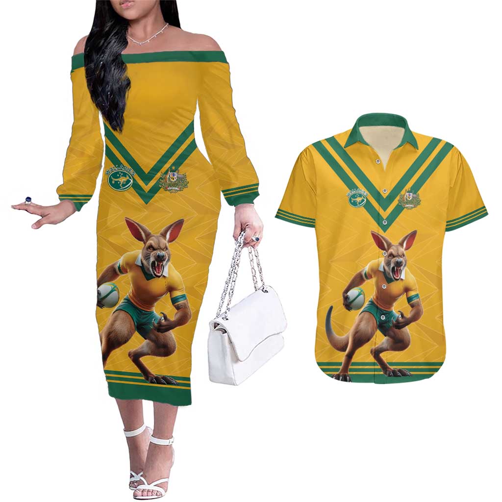 Custom Australia Rugby Couples Matching Off The Shoulder Long Sleeve Dress and Hawaiian Shirt Wallabies Mascot Sporty Style - Wonder Print Shop