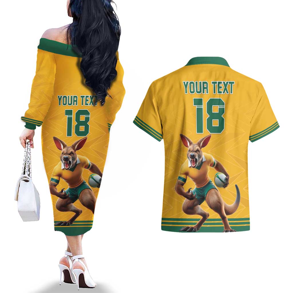 Custom Australia Rugby Couples Matching Off The Shoulder Long Sleeve Dress and Hawaiian Shirt Wallabies Mascot Sporty Style - Wonder Print Shop