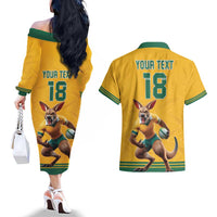 Custom Australia Rugby Couples Matching Off The Shoulder Long Sleeve Dress and Hawaiian Shirt Wallabies Mascot Sporty Style - Wonder Print Shop