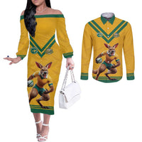 Custom Australia Rugby Couples Matching Off The Shoulder Long Sleeve Dress and Long Sleeve Button Shirt Wallabies Mascot Sporty Style - Wonder Print Shop