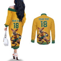 Custom Australia Rugby Couples Matching Off The Shoulder Long Sleeve Dress and Long Sleeve Button Shirt Wallabies Mascot Sporty Style - Wonder Print Shop