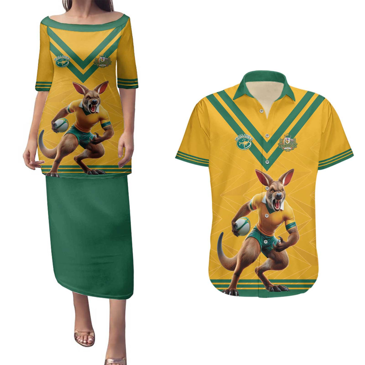 Custom Australia Rugby Couples Matching Puletasi and Hawaiian Shirt Wallabies Mascot Sporty Style - Wonder Print Shop