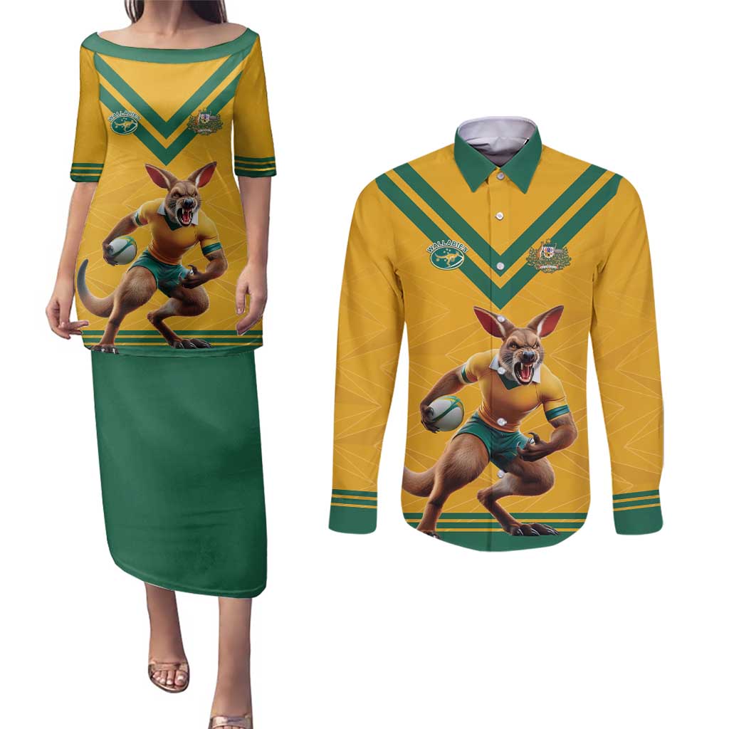 Custom Australia Rugby Couples Matching Puletasi and Long Sleeve Button Shirt Wallabies Mascot Sporty Style - Wonder Print Shop