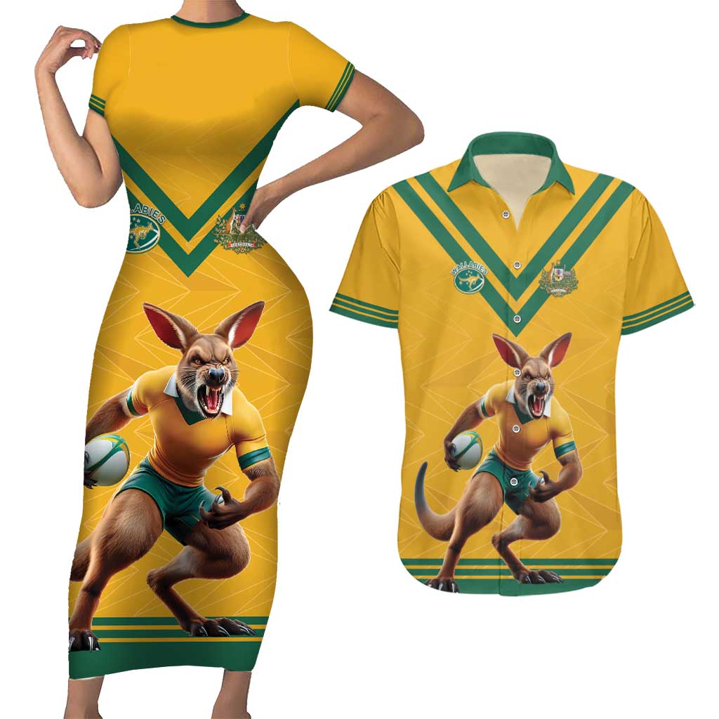 Custom Australia Rugby Couples Matching Short Sleeve Bodycon Dress and Hawaiian Shirt Wallabies Mascot Sporty Style - Wonder Print Shop