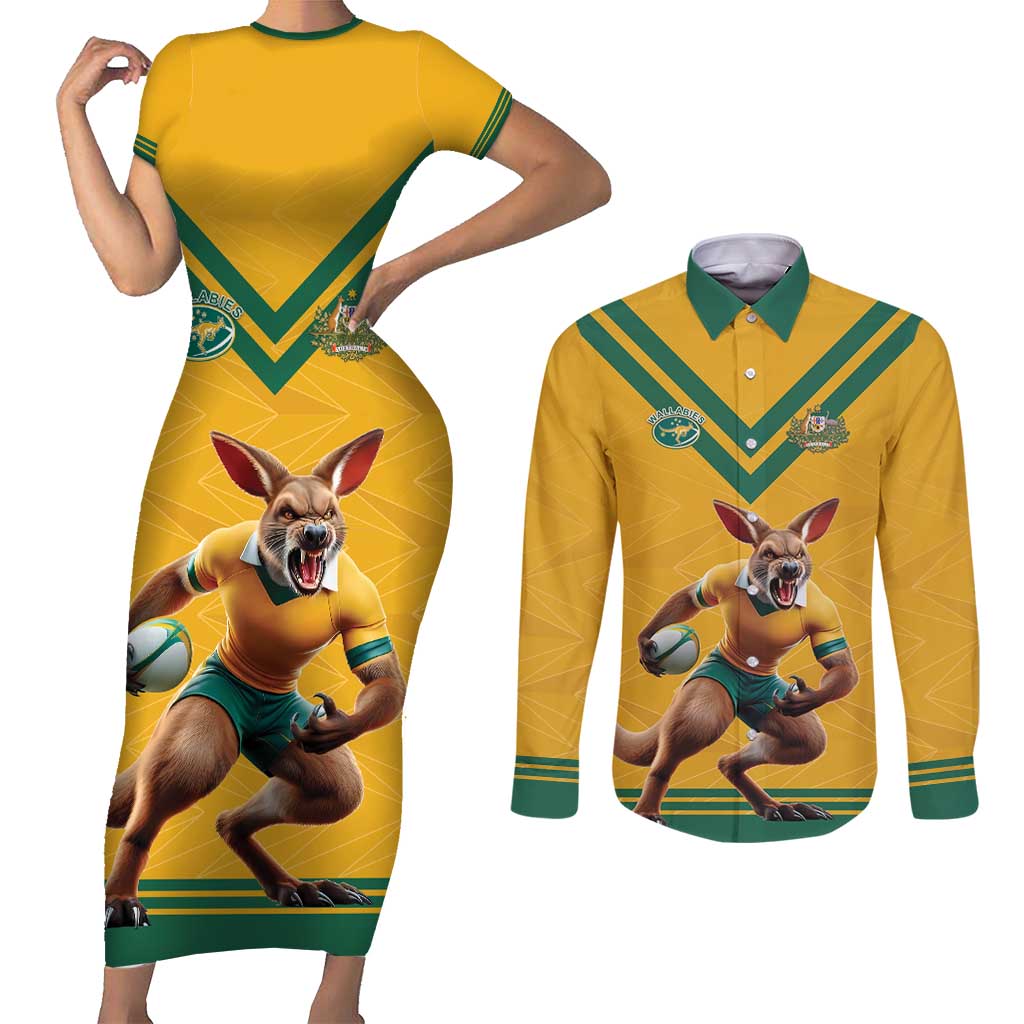 Custom Australia Rugby Couples Matching Short Sleeve Bodycon Dress and Long Sleeve Button Shirt Wallabies Mascot Sporty Style - Wonder Print Shop