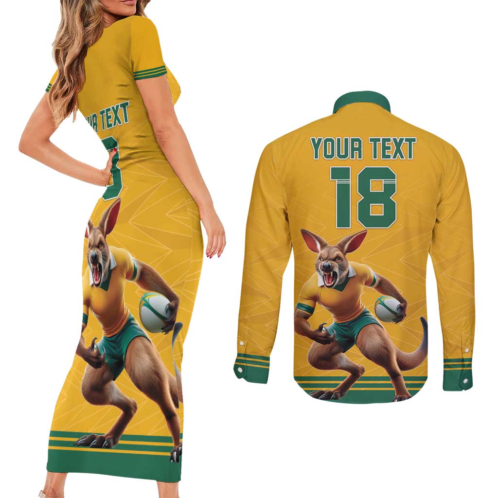Custom Australia Rugby Couples Matching Short Sleeve Bodycon Dress and Long Sleeve Button Shirt Wallabies Mascot Sporty Style - Wonder Print Shop