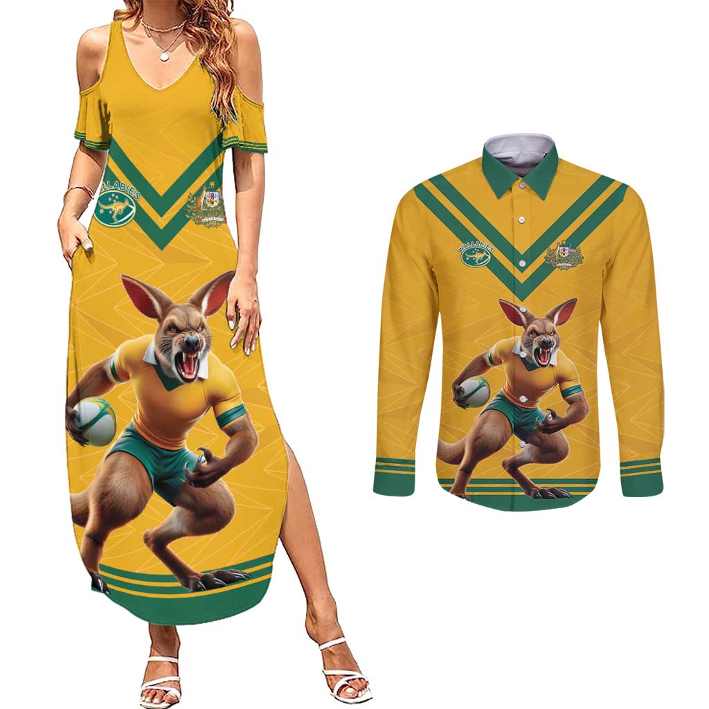 Custom Australia Rugby Couples Matching Summer Maxi Dress and Long Sleeve Button Shirt Wallabies Mascot Sporty Style - Wonder Print Shop