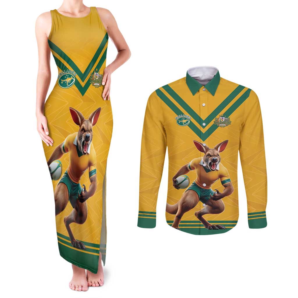 Custom Australia Rugby Couples Matching Tank Maxi Dress and Long Sleeve Button Shirt Wallabies Mascot Sporty Style - Wonder Print Shop