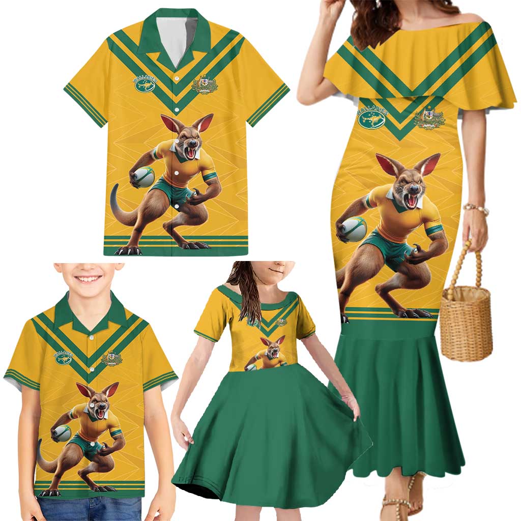 Custom Australia Rugby Family Matching Mermaid Dress and Hawaiian Shirt Wallabies Mascot Sporty Style - Wonder Print Shop